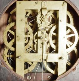 E.N. Welch Mfg. Co., Forestville, Conn., 8 day, time and strike spring driven brass movement ripple-front round gothic or " beehive" shelf clock.