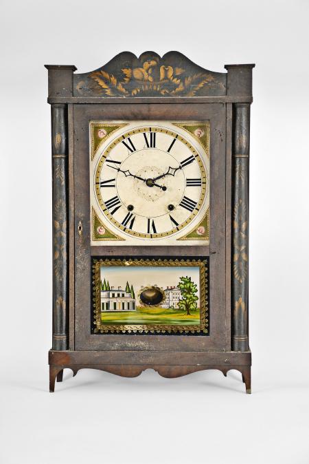 Silas Hoadley, Plymouth, Conn., 30 hour, time and strike weight wood movement transitional half column and splat shelf clock with pillar & scroll style feet.