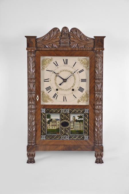Ephraim Downs, Bristol, Conn., 30 hour, time and strike weight wood movement carved column and splat shelf clock.
