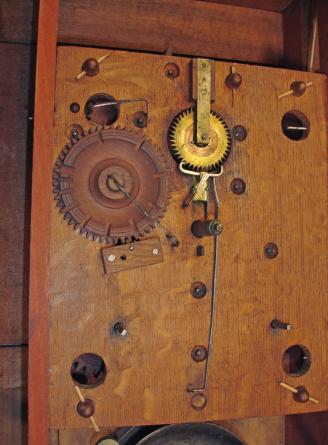 Ephraim Downs, Bristol, Conn., 30 hour, time and strike weight wood movement carved column and splat shelf clock.