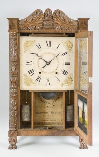 Ephraim Downs, Bristol, Conn., 30 hour, time and strike weight wood movement carved column and splat shelf clock.