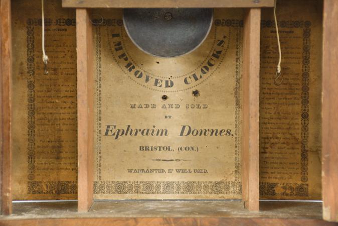 Ephraim Downs, Bristol, Conn., 30 hour, time and strike weight wood movement carved column and splat shelf clock.
