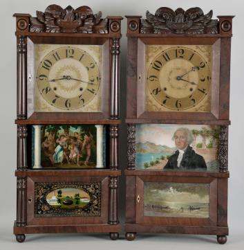 Clocks- 2 (Two) (1) C. & L.C. Ives, Bristol, Conn., 8 day, time and strike weight driven brass movement triple decker shelf clock. (2) C. & L.C. Ives, Bristol, Conn., 8 day, time and strike weight driven brass movement triple decker shelf clock. Both with Ives