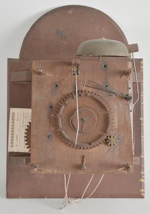 Abraham Edwards, Ashby, Mass., tall clock, 30 hour, time, strike and calendar, weight driven wooden movement in a cherry case with arched top, two brass finials and full columns flanking hood, tombstone trunk door all resting on a molded base with painted wooden dial