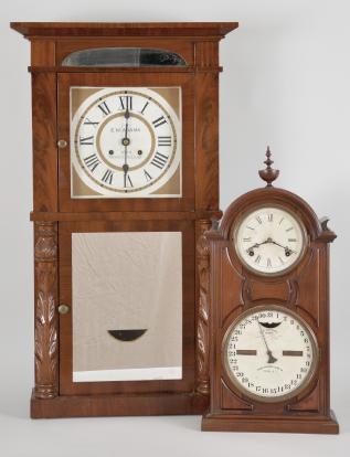 Clocks- 2 (Two): (1) Ithaca Calendar Clock Co., Ithaca, NY, "Shelf Library No. 8", 8 day, time and strike with H.B. Horton