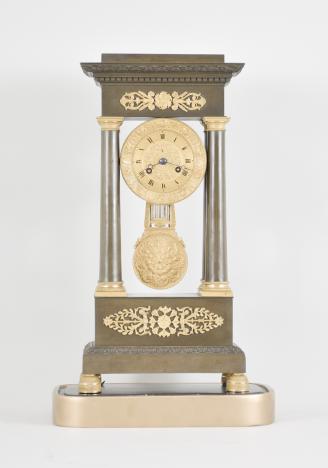 France, empire portico clock, 8 day, time and strike, spring driven brass pendule de Paris movement in a patinated brass case on cast brass feet, the base and top with applied gilt floral ornaments, four Corinthian columns with gilt bases and capitals, the gilt bezel with repeating rose-and-leaf design, roman numerals, cast dial center, pendulum with knife-edge suspension, blued steel Breguet hands, all on a painted wood base under a glass dome.
