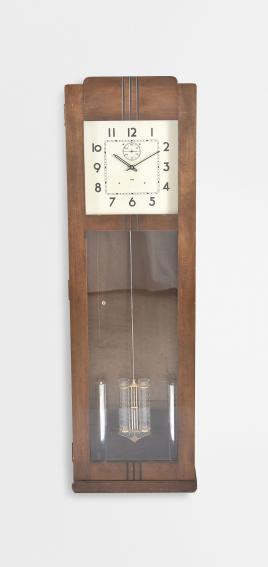 Clocks- 3 (Three): International Business Machines Corp., Endicott, NY, office regulator wall clocks, time only, weight driven electrically wound movements in Art Deco hardwood cases, painted aluminum dials with arabic numerals, subsidiary seconds and black metal hands, c1930.