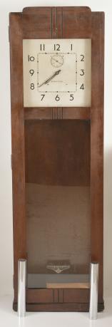Clocks- 3 (Three): International Business Machines Corp., Endicott, NY, office regulator wall clocks, time only, weight driven electrically wound movements in Art Deco hardwood cases, painted aluminum dials with arabic numerals, subsidiary seconds and black metal hands, c1930.