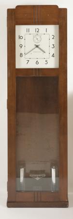 Clocks- 3 (Three): International Business Machines Corp., Endicott, NY, office regulator wall clocks, time only, weight driven electrically wound movements in Art Deco hardwood cases, painted aluminum dials with arabic numerals, subsidiary seconds and black metal hands, c1930.
