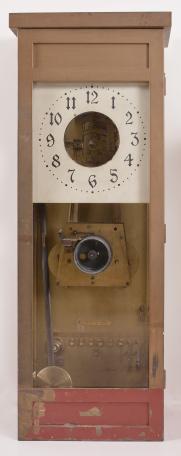 Clocks- 3 (Three): (1) National Time Recorder Co., London, England, master clock, brass movement with electrically impulsed pendulum in a mahogany case with painted metal dial, c1940; (2) Differential Power Clock Co., Chicago, "One Year Differential Power Clock" wall clock, year running, time only, driven by two springs brass movement in a robust oak case and with signed metal dial, c1910; (3) McClintock-Loomis Company, Minneapolis, Minn., master clock, 8 day, time and program mechanism, spring driven brass clock movement and second spring driven program movement in a wood case with painted copper dial, c1930.