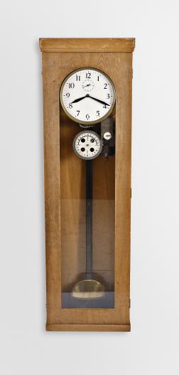 Clocks- 2 (Two) Master: (1) Stromberg Time Corporation, New York, NY, master clock, time only, electrically driven pendulum movement with deadbeat escapement in an oak case with silvered dial with aperture and subsidiary seconds, c1940; (2) Unknown, Germany, master clock, electrically wound brass weight driven movement in an oak case with painted metal dial, subsidiary seconds, c1950.