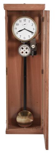 Clocks- 2 (Two) Master: (1) Stromberg Time Corporation, New York, NY, master clock, time only, electrically driven pendulum movement with deadbeat escapement in an oak case with silvered dial with aperture and subsidiary seconds, c1940; (2) Unknown, Germany, master clock, electrically wound brass weight driven movement in an oak case with painted metal dial, subsidiary seconds, c1950.