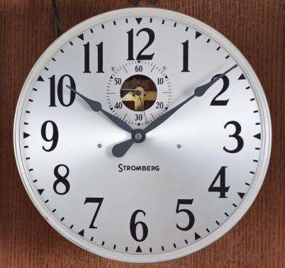 Clocks- 2 (Two) Master: (1) Stromberg Time Corporation, New York, NY, master clock, time only, electrically driven pendulum movement with deadbeat escapement in an oak case with silvered dial with aperture and subsidiary seconds, c1940; (2) Unknown, Germany, master clock, electrically wound brass weight driven movement in an oak case with painted metal dial, subsidiary seconds, c1950.