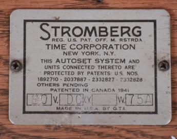 Clocks- 2 (Two) Master: (1) Stromberg Time Corporation, New York, NY, master clock, time only, electrically driven pendulum movement with deadbeat escapement in an oak case with silvered dial with aperture and subsidiary seconds, c1940; (2) Unknown, Germany, master clock, electrically wound brass weight driven movement in an oak case with painted metal dial, subsidiary seconds, c1950.