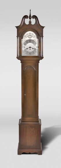 Herschede Hall Clock Co., Cincinnati, Ohio, "Model 10" floor standing clock, 8 day, time and strike with Westminster and Canterbury chime, spring driven brass movement in a mahogany case with silvered dial, c1930.
