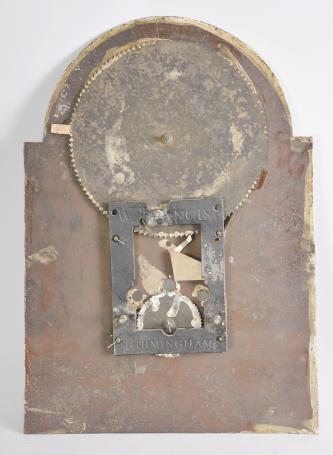 Parts- 2 (Two) tall clock cases: (1) Unknown, England, tall clock case and dial, walnut veneer case with turned half columns flanking the door together with painted metal dial with moon phase and date; (2) English tall clock case in dark wood, stepped base and swan