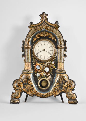 J.C. Brown, Bristol, Conn., iron front shelf clock, 8 day, time and strike, spring driven brass movement in an iron front case with mother of pearl inlay within floral painting, stenciled gold painted borders, painted metal dial and steel club hands.