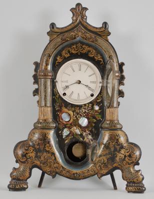 J.C. Brown, Bristol, Conn., iron front shelf clock, 8 day, time and strike, spring driven brass movement in an iron front case with mother of pearl inlay within floral painting, stenciled gold painted borders, painted metal dial and steel club hands.