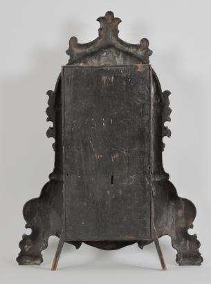 J.C. Brown, Bristol, Conn., iron front shelf clock, 8 day, time and strike, spring driven brass movement in an iron front case with mother of pearl inlay within floral painting, stenciled gold painted borders, painted metal dial and steel club hands.
