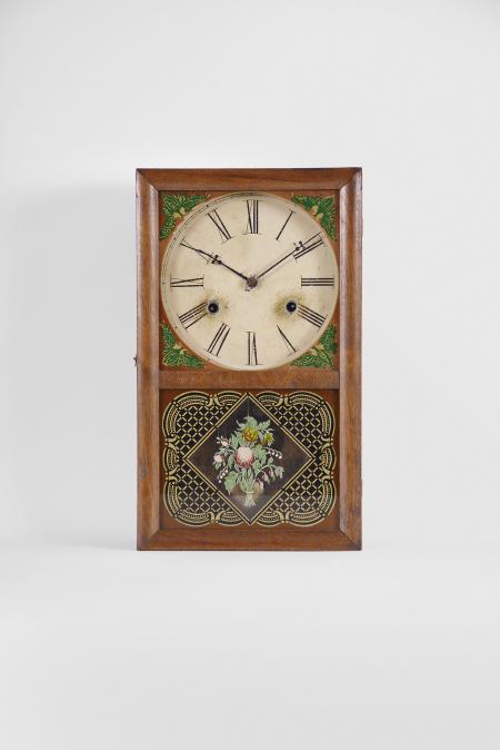 Smith & Goodrich, Bristol, Conn., box shelf clock, 30 hour, time and strike, spring driven brass movement with wooden fusees in a mahogany veneered case with painted metal dial and blued steel club hands.