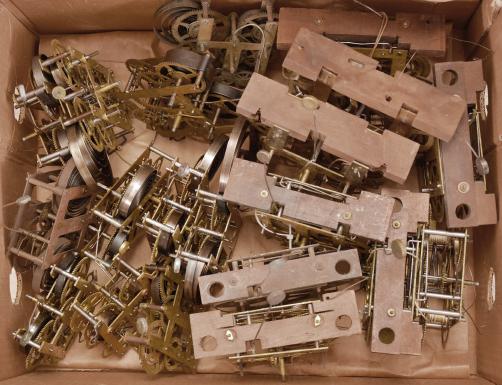 Parts- 40 (Forty) clock movements: American, most 30 hour, most time and strike, spring and weight driven brass movements by makers including E.N. Welch, Seth Thomas, A.S. Platt & Co., Forestville Manufacturing Co., Chauncey Jerome and others.