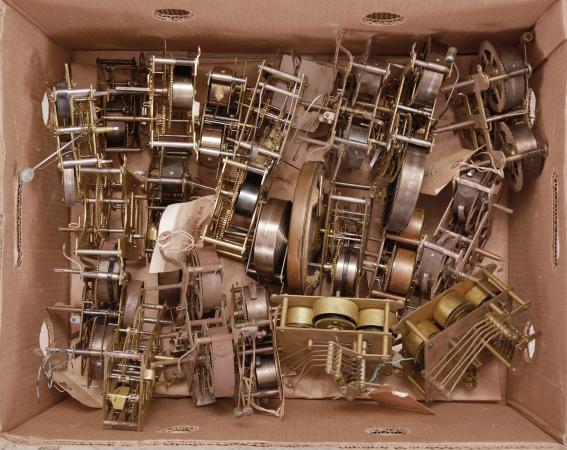 Parts- 40 (Forty) clock movements: American, 8 day, mostly time and strike with some time only, spring driven brass movements by makers including Seth Thomas, Waterbury, E. Ingraham, Sessions, Ansonia, and others.