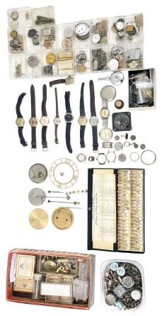 Parts- 6 (Six) boxes of clock parts including many mainsprings, dozens of keys, verges, cables & cord, fasteners, clock oil, wall hooks, gongs, many antique cast metal case parts, and more, together with a group of American and Swiss watch movements, crowns, and wrist watches.