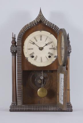 J.C. Brown, Forestville Mfg. Co., Bristol, Conn., 8 day, time and strike spring driven brass movement 4-column round gothic or onion top ripple molding shelf clock.