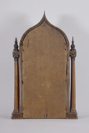 J.C. Brown, Forestville Mfg. Co., Bristol, Conn., 8 day, time and strike spring driven brass movement 4-column round gothic or onion top ripple molding shelf clock.