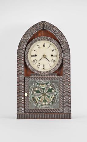 J.C. Brown, Forestville Mfg. Co., Bristol, Conn., 8 day, time and strike spring driven brass fusee movement ripple front round gothic steeple shelf clock
