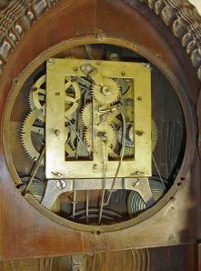 J.C. Brown, Forestville Mfg. Co., Bristol, Conn., 8 day, time and strike spring driven brass fusee movement ripple front round gothic steeple shelf clock
