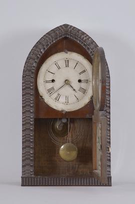 J.C. Brown, Forestville Mfg. Co., Bristol, Conn., 8 day, time and strike spring driven brass fusee movement ripple front round gothic steeple shelf clock
