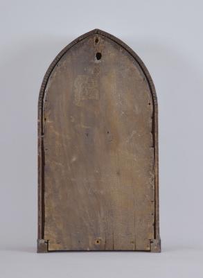 J.C. Brown, Forestville Mfg. Co., Bristol, Conn., 8 day, time and strike spring driven brass fusee movement ripple front round gothic steeple shelf clock