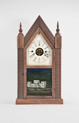 Forestville Manufacturing Co., (J.C. Brown), Forestville, Conn., sharp gothic or steeple clock, 8 day, time and strike with alarm, spring driven brass fusee movement in a rosewood veneered case with rippled molding.