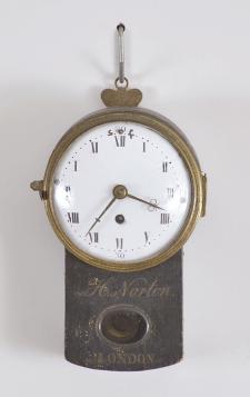 Clocks- 2 (Two) miniature wall: (1) A.D. Mougin, Paris, France, and Edouard Serin, France for Berton, Paris, cartel clock, 8 day, time only, spring driven movement in a cast brass case with urn finial, roman numeral white enamel dial with pierced gilt hands, c1880; (2) Probably Austrian, miniature wall clock, 2 day, time only, spring driven movement with silk thread suspension in a drop dial case with "H. Norton / London" painted on the lower portion, roman numeral white enamel dial and brass hands.