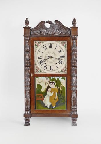 Riley Whiting, Winchester, Conn., 30 hour, time and strike weight wood movement carved carved half column & splat shelf clock.