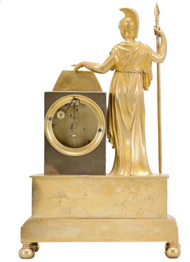 France, mantel timepiece, 8 day, time only, spring driven brass movement with thread suspension in a stepped, molded brass base upon which stands the cast gilt figure of the goddess Athena holding a spear in one hand, the other hand holding a shield within which is set a silvered chapter ring with roman numerals, blued steel Breguet style hands.