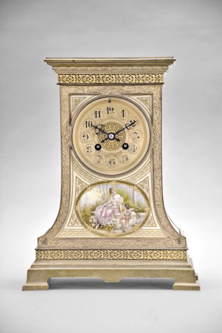 Vincenti & Cie., Paris, France, for Bailey, Banks & Biddle, Philadelphia, crystal regulator, 8 day, time and strike, spring driven brass movement in a brass case with gilt molding, curved glass sides, and signed painted ceramic front panel, concave dial with pierced center, and blued steel hands.