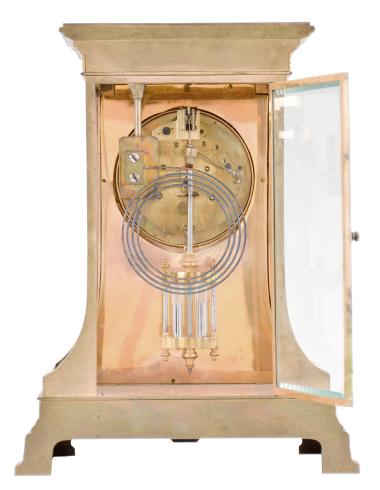 Vincenti & Cie., Paris, France, for Bailey, Banks & Biddle, Philadelphia, crystal regulator, 8 day, time and strike, spring driven brass movement in a brass case with gilt molding, curved glass sides, and signed painted ceramic front panel, concave dial with pierced center, and blued steel hands.