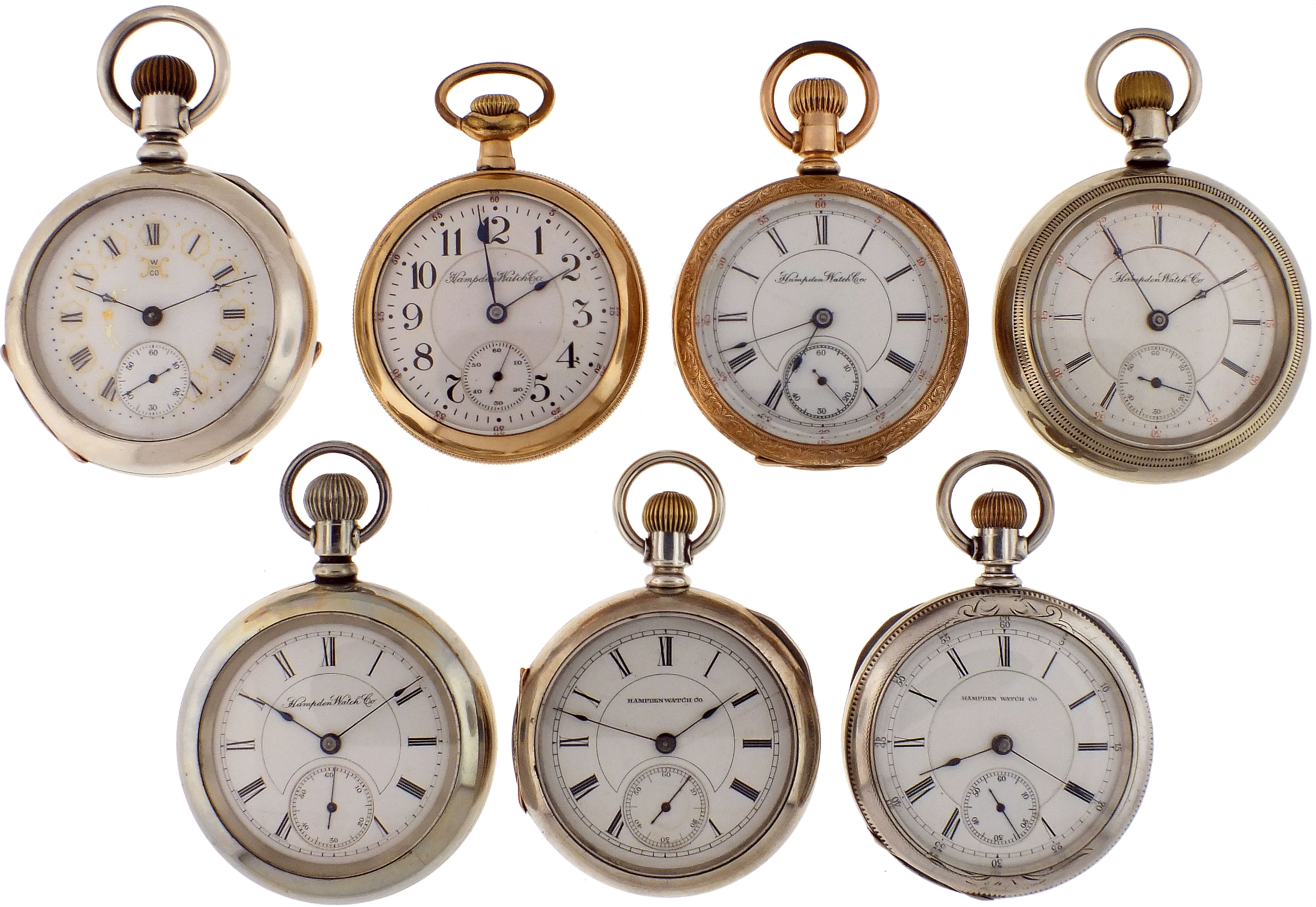 Seven 18 size Hampden pocket watches