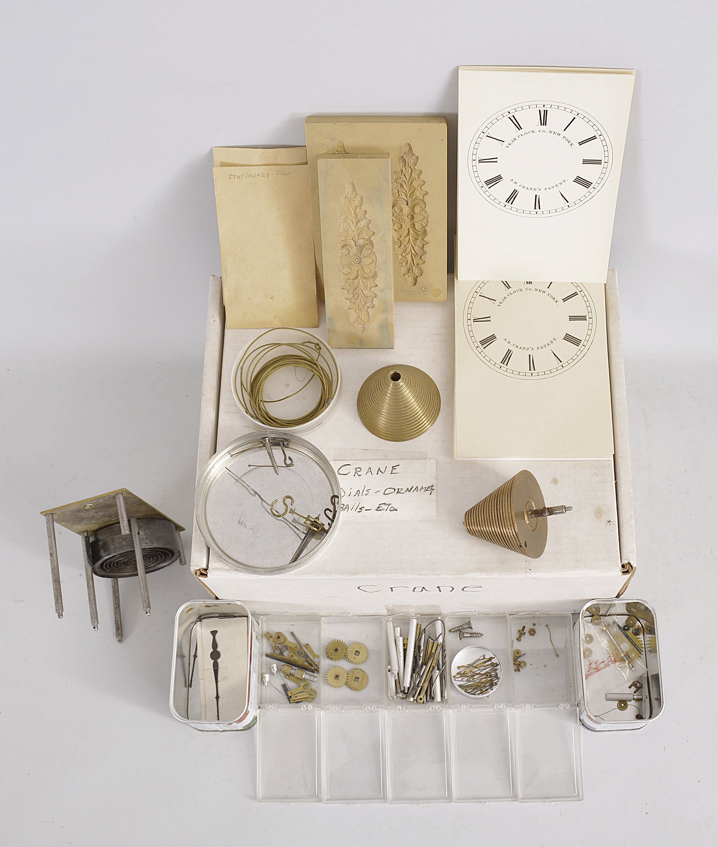 Large lot of parts for Crane torsion pendulum clocks by the Year Clock