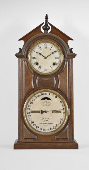 Ithaca Calendar Clock Co., Ithaca, NY, "No. 8 Shelf Library" clock with a spring driven 8 day time and strike movement (E.N. Welch, Forestville, Conn) and a H. B. Horton patented perpetual calendar mechanism in a walnut case.
