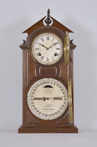 Ithaca Calendar Clock Co., Ithaca, NY, "No. 8 Shelf Library" clock with a spring driven 8 day time and strike movement (E.N. Welch, Forestville, Conn) and a H. B. Horton patented perpetual calendar mechanism in a walnut case.