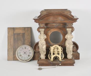 Parts- Ansonia Clock Co., New York, NY, "Senator" cabinet clock, 8 day, time and strike, spring driven brass movement in an oak case with antiqued brass trimmings and silvered dial, everything taken completely apart and in need of reassembly.