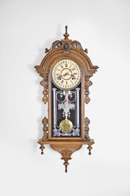 Wm. L. Gilbert Clock Co., Winsted, Conn., "Columbia", 8 day, time and strike spring driven brass movement calendar wall clock.