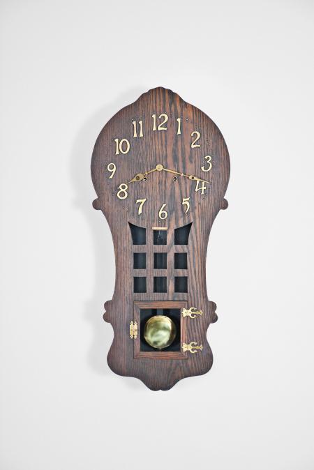 Clocks- 2 (Two): (1) Sessions Clock Co., Forestville, Conn., "Ramona", 8 day, time and strike spring driven brass movement Mission style wall clock, c1908 (2) Germany, Gustav Becker, 8 day, time and strike weight driven brass movement Art Deco style Vienna regulator, c1910