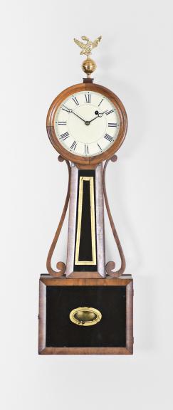 Clocks- 2 (Two): (1) Massachusetts, 8 day, weight driven brass movement patent or banjo timepiece, c1880 (2) Massachusetts, 8 day, weight driven brass movement patent or banjo timepiece, c1870