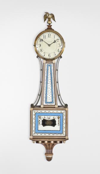 Waltham Watch Co., Waltham, Mass., 8 day, weight driven brass movement patent or banjo timepiece. Case is stamped "1826"