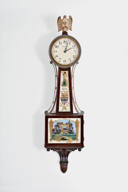 Waltham Clock Co., Waltham, Mass., "No. 1550", 8 day, spring driven brass lever movement miniature patent or banjo timepiece.