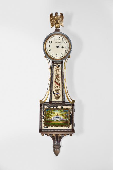 Waltham Clock Co., Waltham, Mass., 8 day, spring driven brass lever movement miniature patent or banjo timepiece.